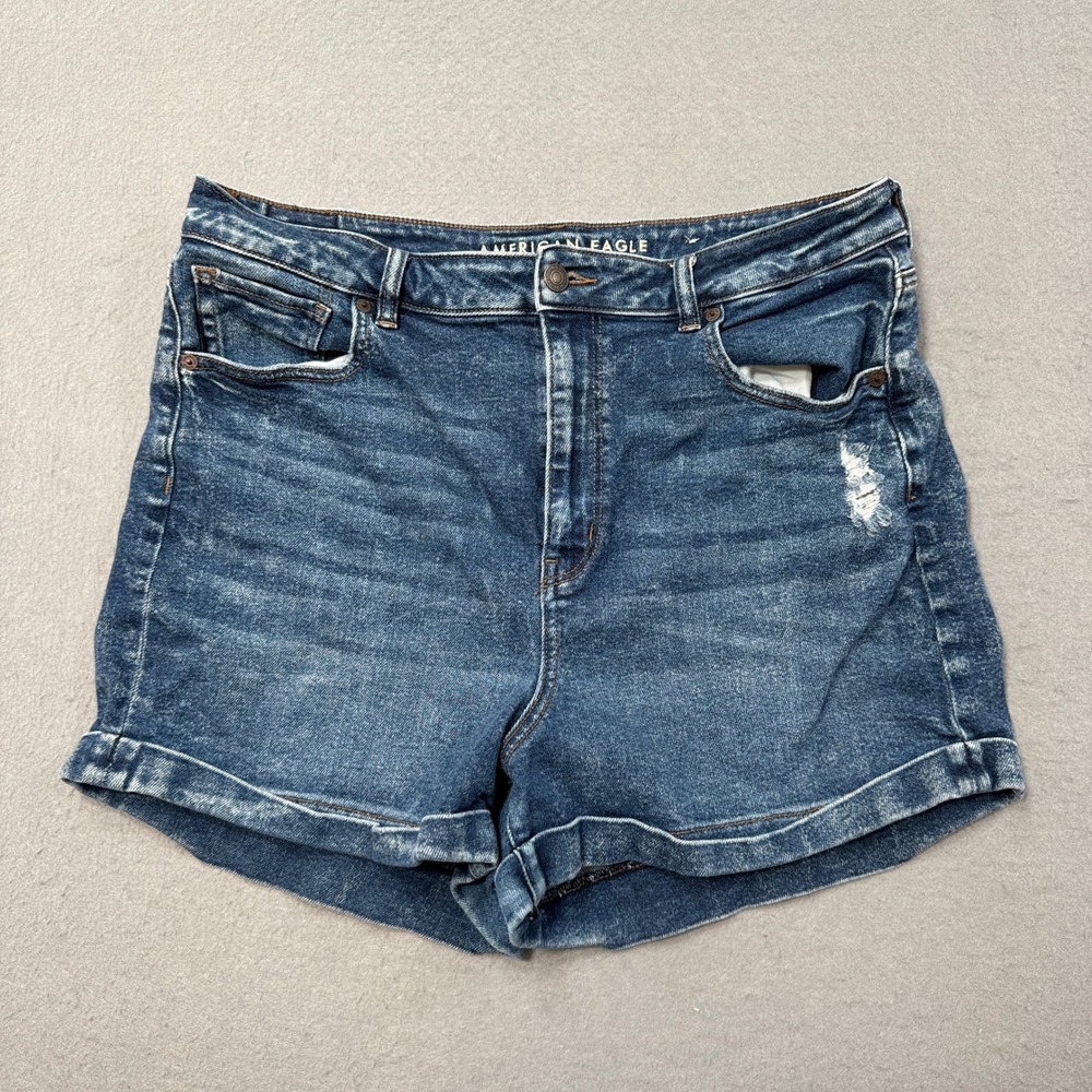American Eagle Shorts Women's 16 Blue Denim Stretch Cuffed High Rise‎ Distressed